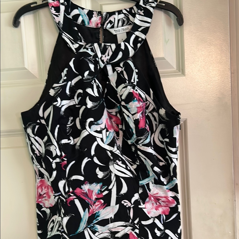 White House Black Market Abstract Black and White Top with Pink Accents